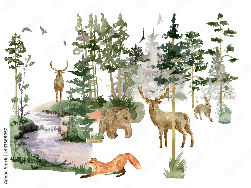 Fototapeta Watercolor forest with animals. Woodland composition.