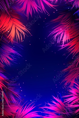 Colorful beach party background illustration  neon palm trees against the night sky  rave festival design