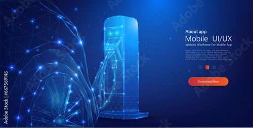 Futuristic Digital Gas Pump: Illuminated Polygonal Mesh Design on a Deep Blue Cosmic Background. Electric car at charging station. Vector illustration