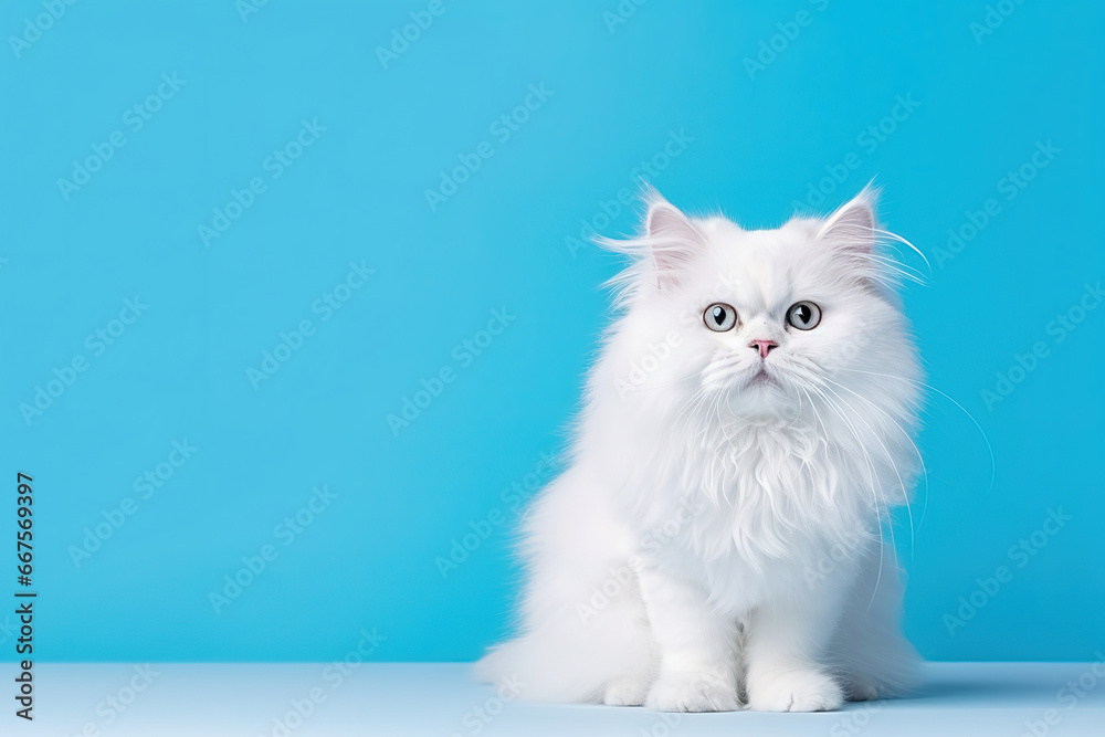 White fluffy cat on a blue background. Studio photography.