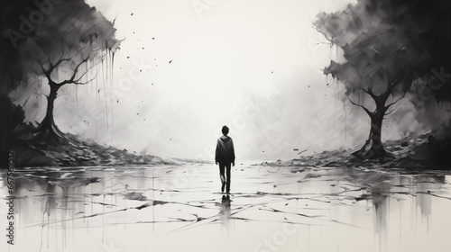 A lonely boy in the middle of the destroyed world. Black and white. Broken world.