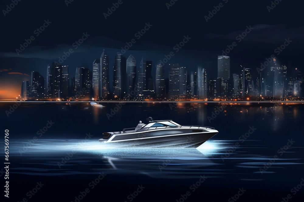 Obraz premium Modern fast boat sailing in bay with a city at night on background generative ai