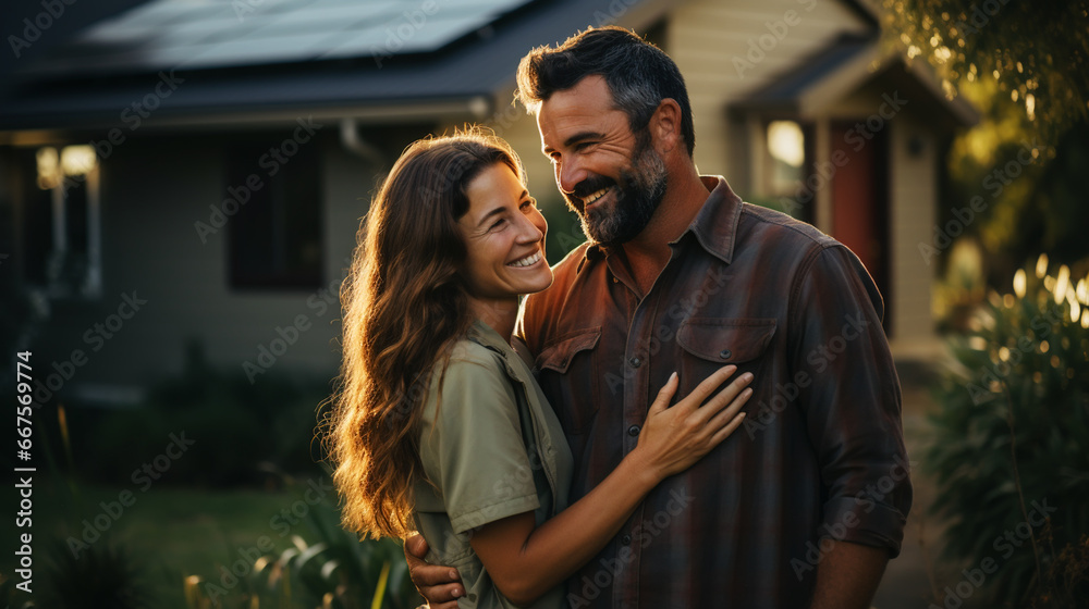 Couple With Keys Standing Outside New Home Couple With Keys Standing Outside New Home