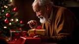 Senior man opening a gift box while sitting in front of a Christmas tree.generated with ai