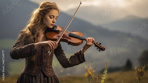 images of a beautiful brown-haired girl of Asian appearance, playing the violin in the great outdoors. Perfect for promoting the union of classical music and the natural world
