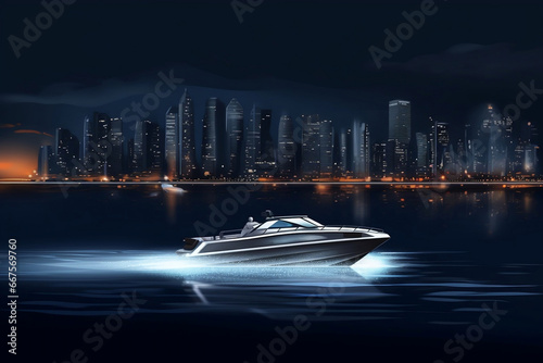 Modern fast boat sailing in bay with a city at night on background generative ai