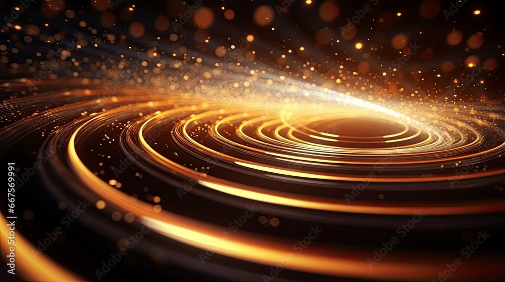Obraz premium 3d rendering of futuristic 3d rendered background, background, gold funel, industrial and tech circle lens, bokeh, light