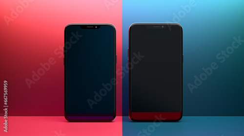 Minimalist modern mockup smartphones on 3D red blue background with Copy space. smartphone mobile concept