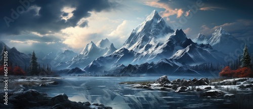 This stunning scene showcases a snow-covered mountain range, a serene lake nestled amidst snowy peaks in the foreground, and a cloudy sky in the background. photo