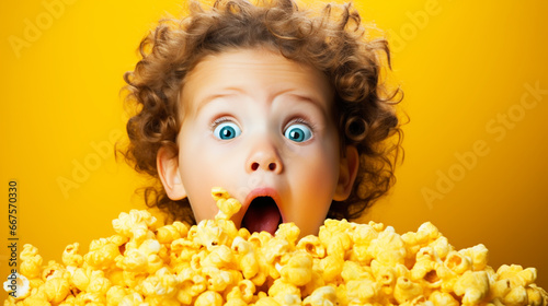 Surprised kid watching movie in cinema theater photo