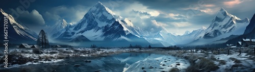 This stunning scene showcases a snow-covered mountain range, a serene lake nestled amidst snowy peaks in the foreground, and a cloudy sky in the background. photo