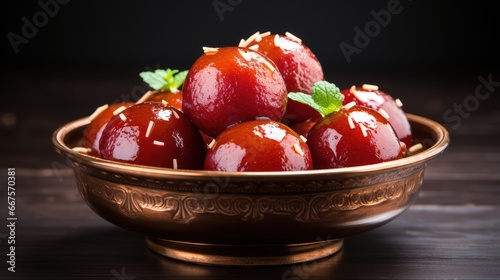 Gulab Jamun in syrup. Traditional sweet Indian dessert. photo