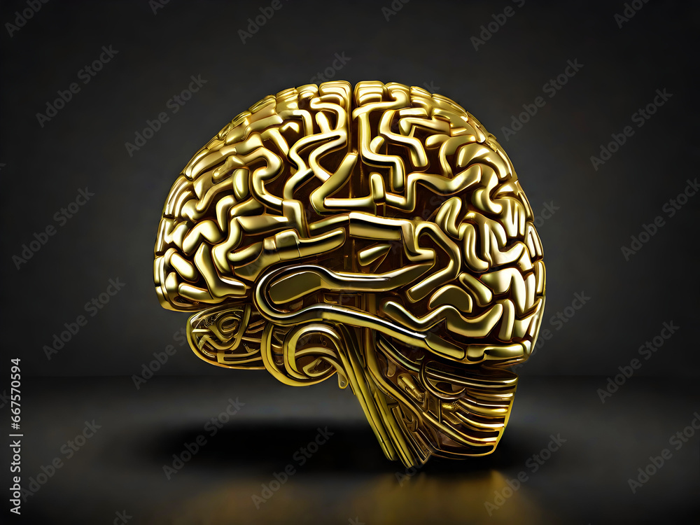 Brain made of gold, 3d, texture. Intelligence, artificial intelligence, smart people, brainstorm, brain disease, brain drain concept Brain made of gold, 3d, texture. Intelligence, artificial intelligence, smart people, brainstorm, brain disease, brain drain concept
