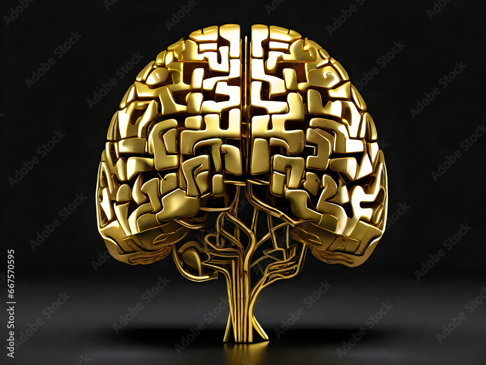 Brain made of gold on black background, 3d, texture. Intelligence, artificial intelligence, smart people, brainstorm, brain disease, brain drain concept Brain made of gold on black background, 3d, texture. Intelligence, artificial intelligence, smart people, brainstorm, brain disease, brain drain concept