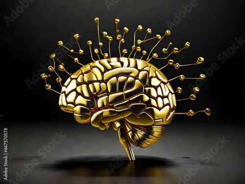 Brain 3d model made of gold with cells and gyrus. Black background. Smart intelligence, education, brain drain, brain health and diseases concept. 
