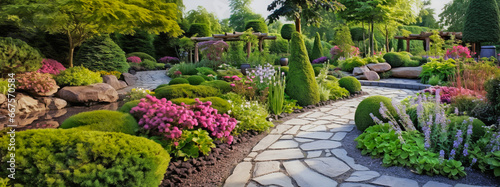 UK garden with naturalistic design yard hard landscaping,  summer retreat house photo