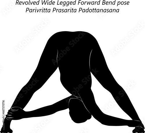 Silhouette of woman doing yoga Parivritta Prasarita Padottanasana. Revolved Wide Legged Forward Bend pose. Isolated vector illustration.
