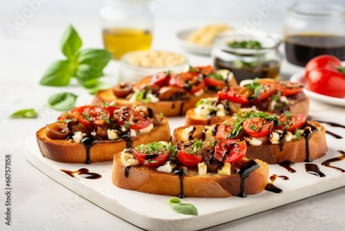 Delicious bruschettas with balsamic vinegar on kitchen board. Appetizer meal cuisine healthy bread. Generate Ai photo