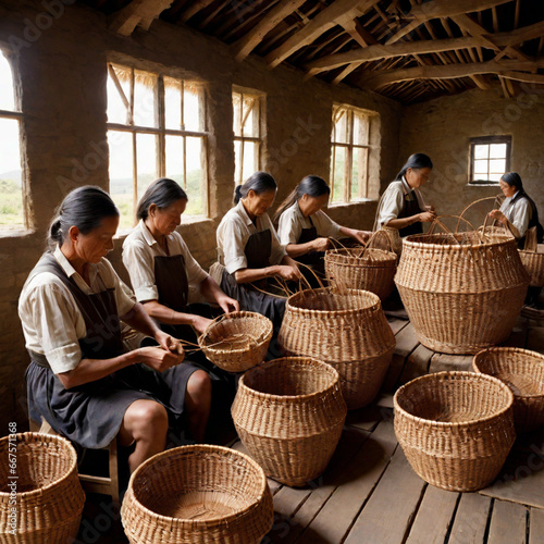 
Senior woman and bamboo craft, the lifestyle of the lrural aria.
Young Lady craftsman rustic career living in the countryside, Lifestyle farmer old man make handmade craftsmanship 
of rattan basket. photo