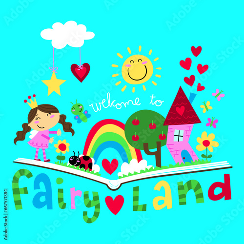 Illustration  of an open book from which a fantasy landscape emerges, with a fairy, a rainbow, a house, butterflies, print design