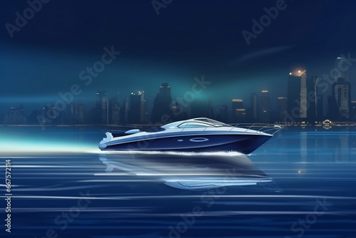 Modern fast boat sailing in bay with a city at night on background generative ai © Tohamina