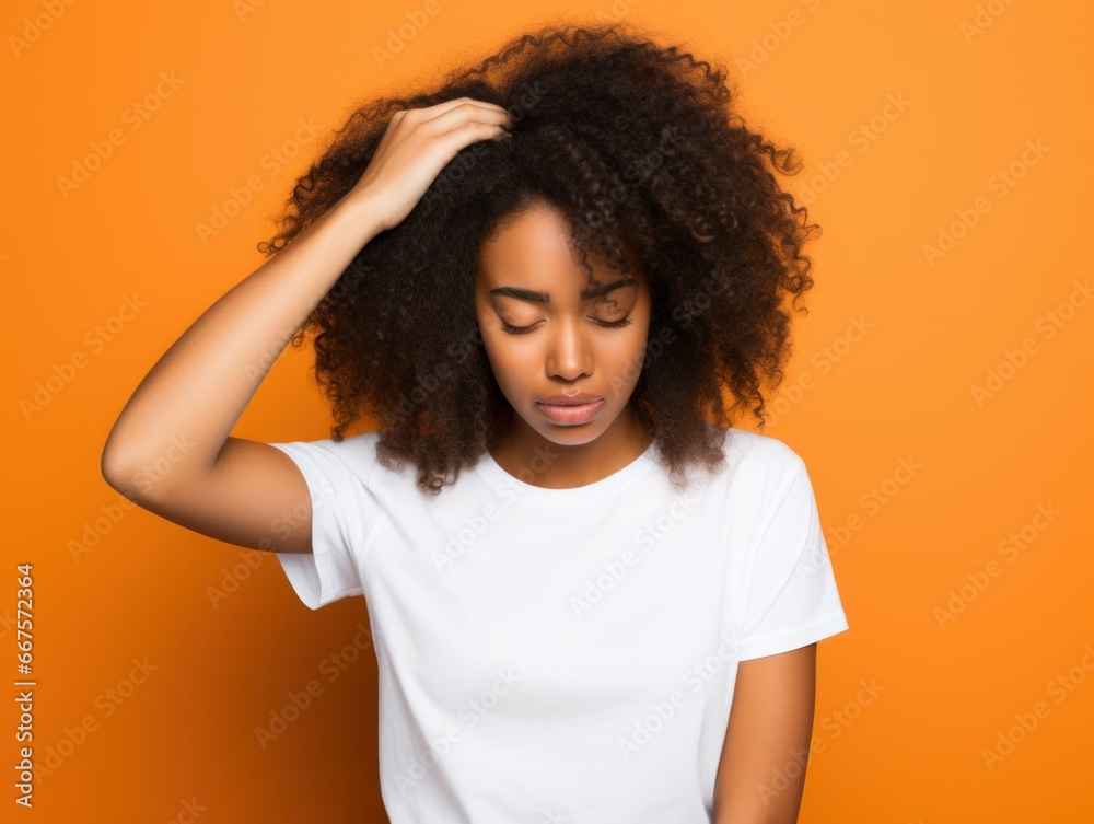Disappointed and sad model. Person holding their head, facepalm, headache face expression. Isolated on a colored background. Generative AI Disappointed and sad model. Person holding their head, facepalm, headache face expression. Isolated on a colored background. Generative AI