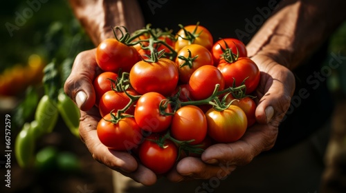 In the tomato plantation plot Farmer's hands holding fresh tomatoes