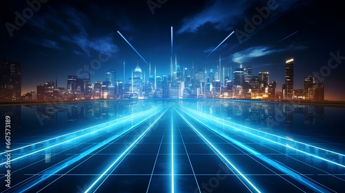 technology city neon light lines. internet communication stock wallpaper background connected blue. generative AI