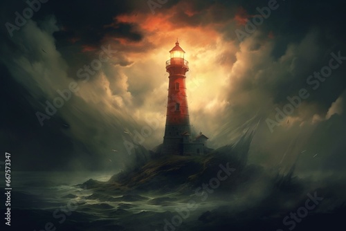 A glowing lighthouse stands above dense dark clouds. Generative AI