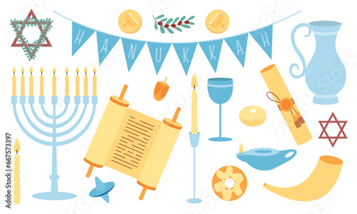 Hanukkah flat style vector set. Different Hanukkah symbols holiday set