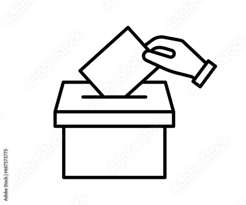Vote box with ballot, line icon. Hand holding ballot paper, election. Vote and opinion. Vector