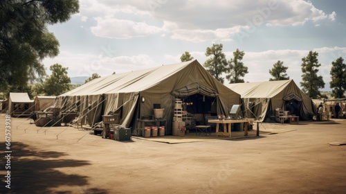 a very large military tent standing in a vast field, highlighting the strategic importance of field camps. Ideal for military and defense concepts © pvl0707