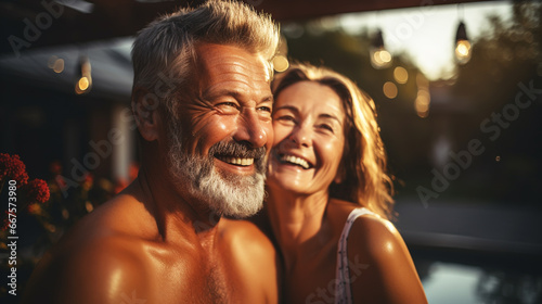 Happy senior man and woman old retired couple walking and holding hands on a beach at sunset, s3niorlife