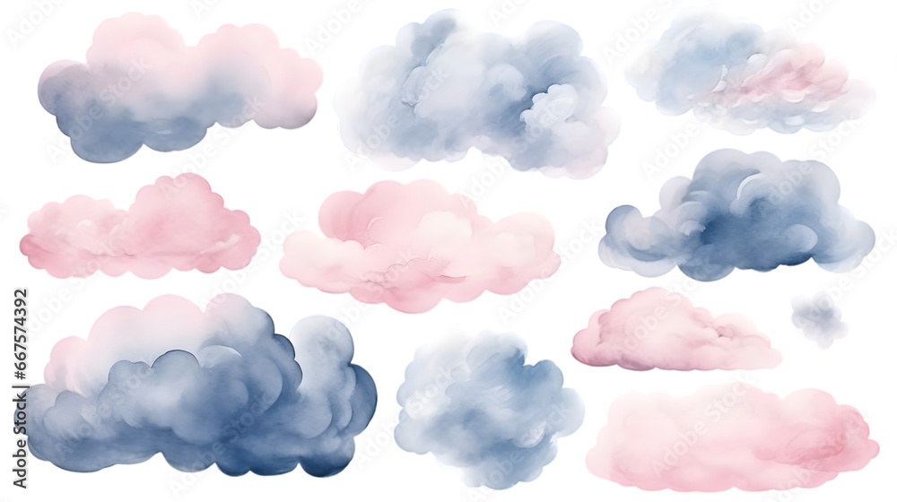 Watercolor pink and blue clouds isolated on transparent background Watercolor pink and blue clouds isolated on transparent background