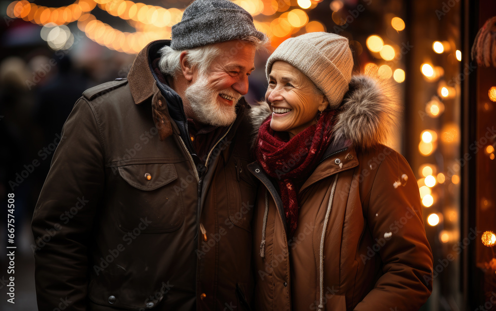 Generative ai illustration of a Happy elderly couple against christmas market