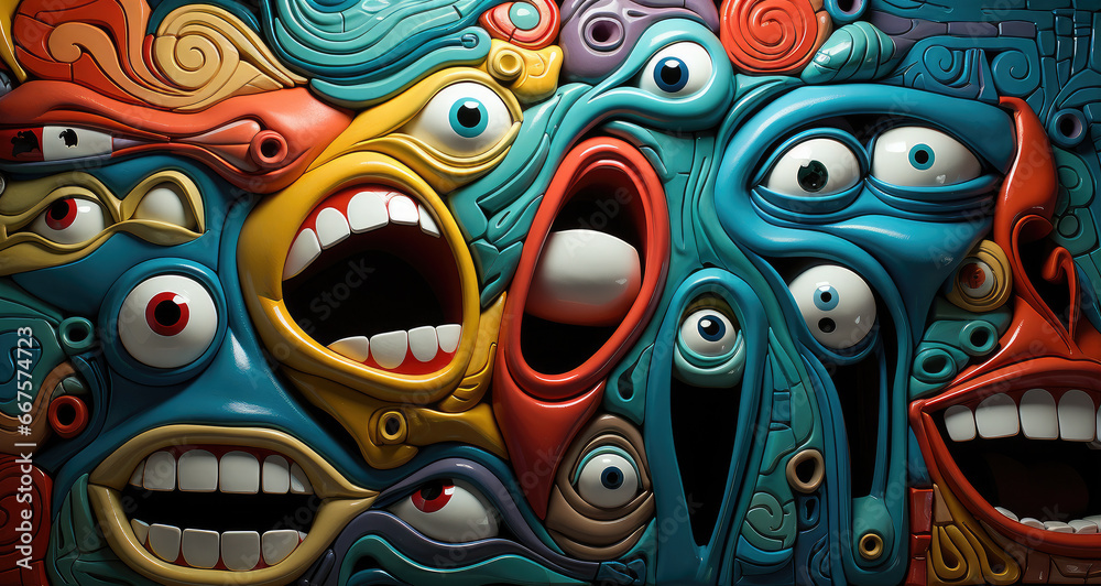 Naklejka premium the painting depicts a group of colorful faces, in the style of humorous graffiti