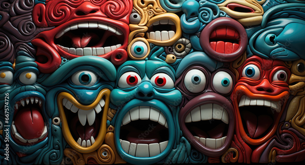 the painting depicts a group of colorful faces, in the style of humorous graffiti the painting depicts a group of colorful faces, in the style of humorous graffiti