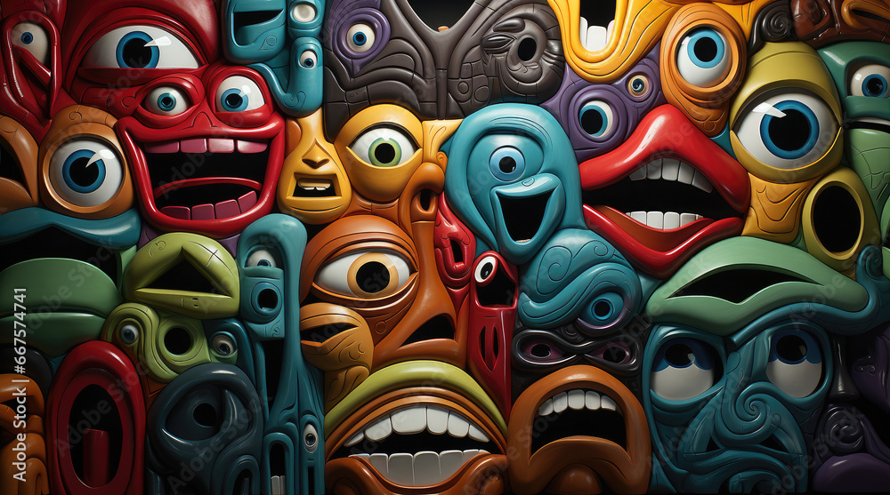 the painting depicts a group of colorful faces, in the style of humorous graffiti