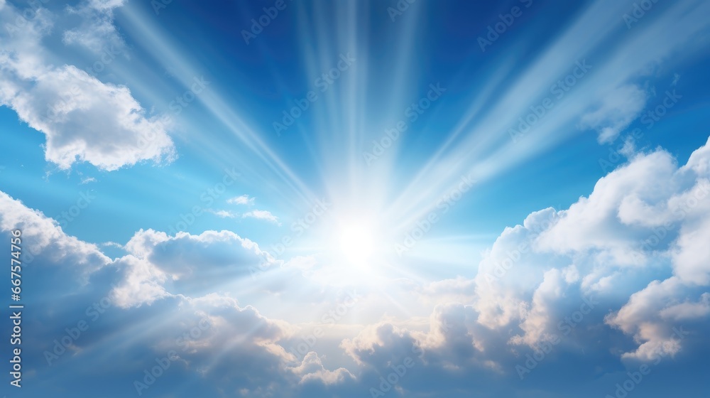 sun rays piercing through the clouds in a serene blue sky, portraying the beauty of atmospheric phenomena.