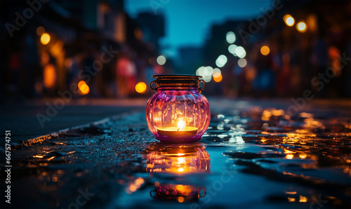 Beautiful diwali diya with burning candles on dark background