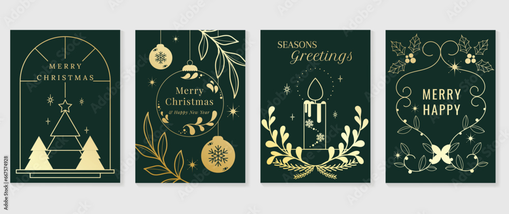 Luxury christmas invitation card art deco design vector. Christmas tree, holly, snowflake, candle line art on green background. Design illustration for cover, greeting card, print, poster, wallpaper. - obrazy, fototapety, plakaty 
