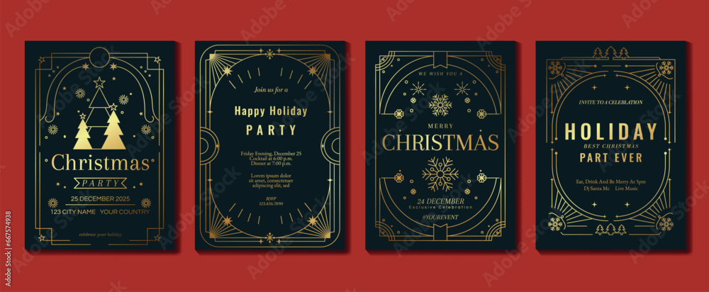 Luxury christmas invitation card art deco design vector. Christmas tree, snowflake, snow line art on dark blue background. Design illustration for cover, greeting card, print, poster, wallpaper.