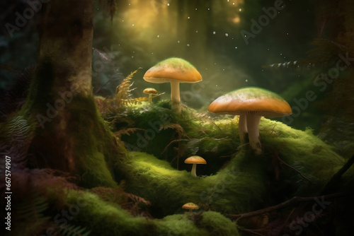 Mushrooms in the fantasy magical forest with trees covered by moss generative ai