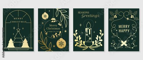 Luxury christmas invitation card art deco design vector. Christmas tree, holly, snowflake, candle line art on green background. Design illustration for cover, greeting card, print, poster, wallpaper.
