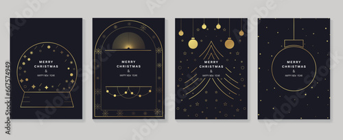 Luxury christmas invitation card art deco design vector. Christmas tree, snowflake, crystal ball line art on dark blue background. Design illustration for cover, greeting, print, poster, wallpaper.