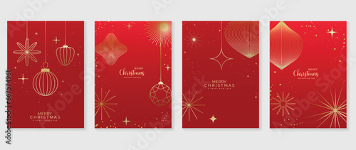 Luxury christmas invitation card art deco design vector. Christmas bauble ball, snowflakes, firework line art on red background. Design illustration for cover, greeting card, print, poster, wallpaper.