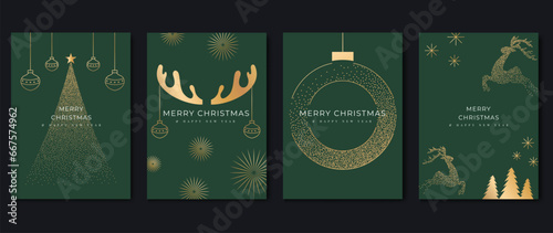 Luxury christmas invitation card art deco design vector. Christmas tree, wreath, reindeer, snowflakes line art on green background. Design illustration for cover, greeting, print, poster, wallpaper.