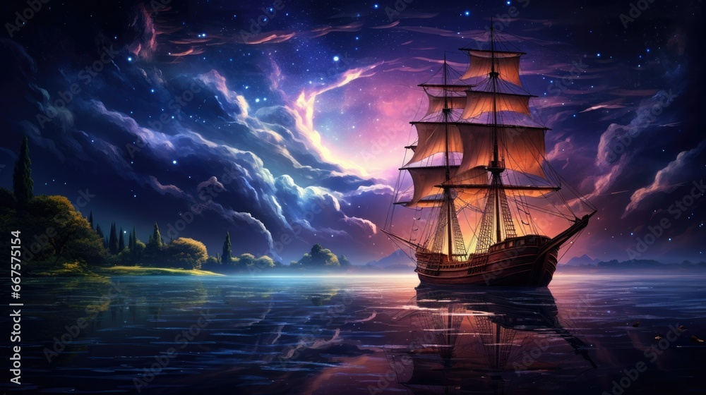 Naklejka premium A Moonlit Pirate's Voyage Sails on a Stunning Ocean Night