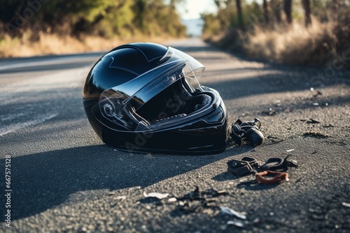 Accident: shattered motorcycle helmet lying on the road. Generative AI