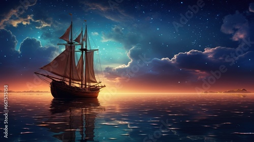 A Moonlit Pirate's Voyage Sails on a Stunning Ocean Night